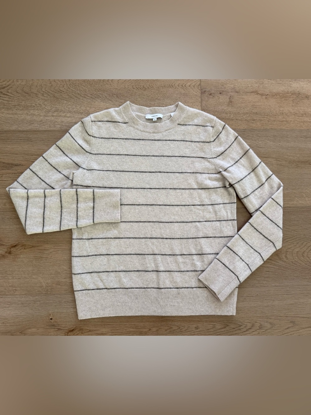 Vince Wool Cashmere Striped Crewneck Sweater Medium Oatmeal Gray